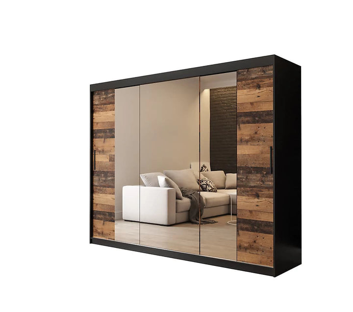Tilburg 2 Contemporary 3 Mirrored Sliding Door Wardrobe 9 Shelves 2 Rails Dark Oak Effect & Black
