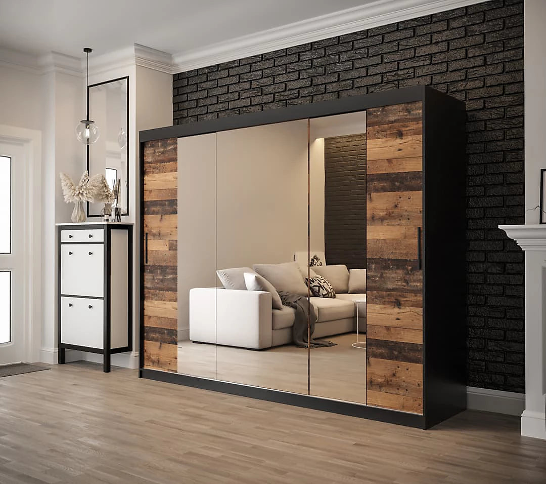 Tilburg 2 Contemporary 3 Mirrored Sliding Door Wardrobe 9 Shelves 2 Rails Dark Oak Effect & Black