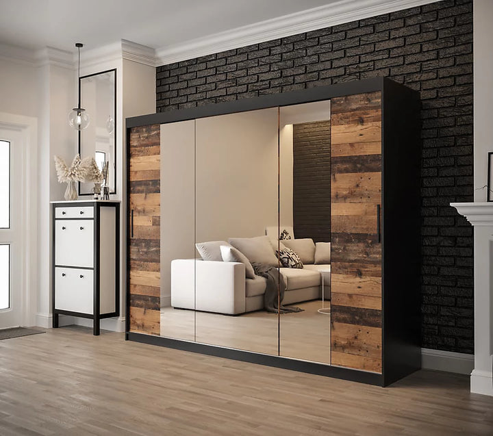 Tilburg 2 Contemporary 3 Mirrored Sliding Door Wardrobe 9 Shelves 2 Rails Dark Oak Effect & Black