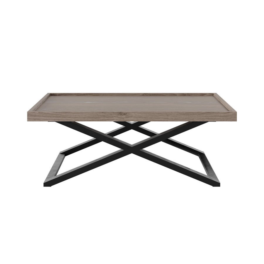 Coffee table with wooden top and black metal base on a white background