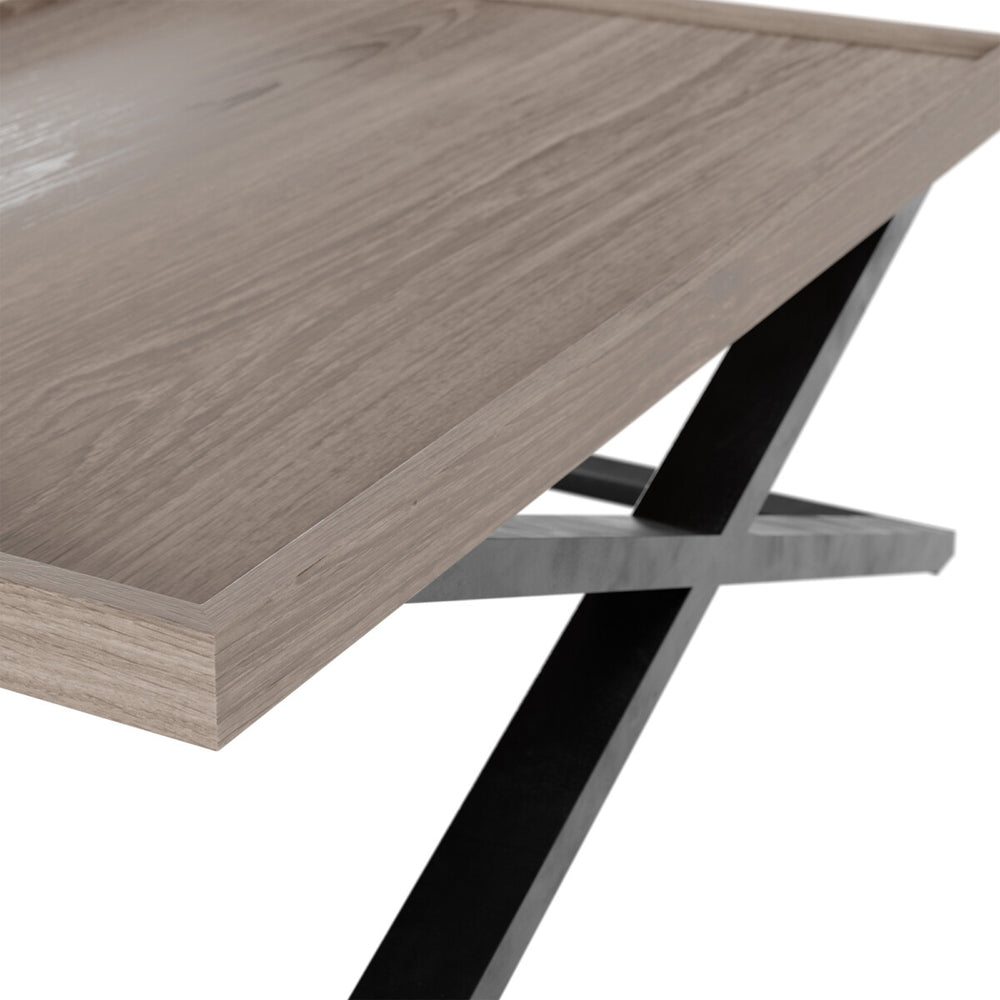 Wooden table with black metal legs on a white background