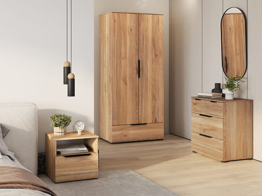 Elegant Tokyo 18 Hinged Door Wardrobe in Oak Mauvella, Two Doors, One Drawer and Hanging Rail