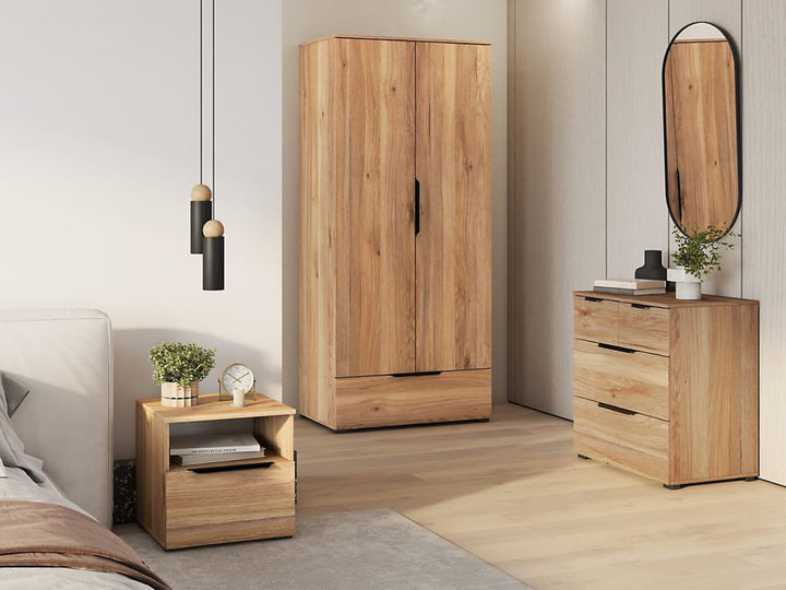 Elegant Tokyo 18 Hinged Door Wardrobe in Oak Mauvella, Two Doors, One Drawer and Hanging Rail