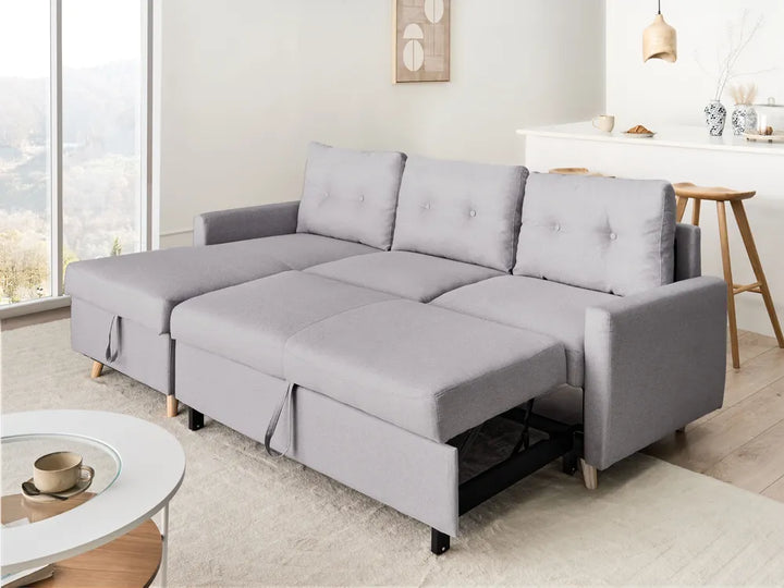 Corner Sofa Bed 4 Seater Fabric Light Grey with Storage Right Hand Skiatook