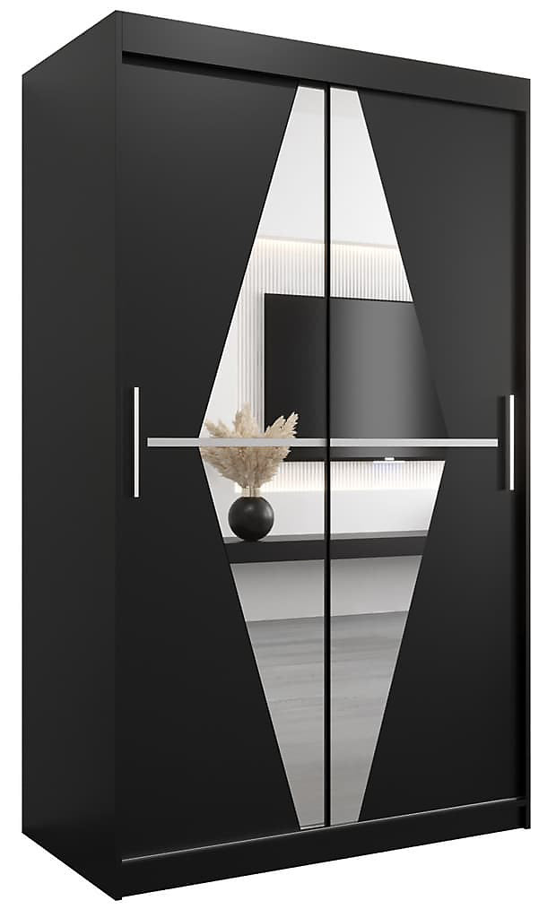 Boliwia Contemporary 2 Mirrored Sliding Door Wardrobe 5 Shelves 2 Rails Black