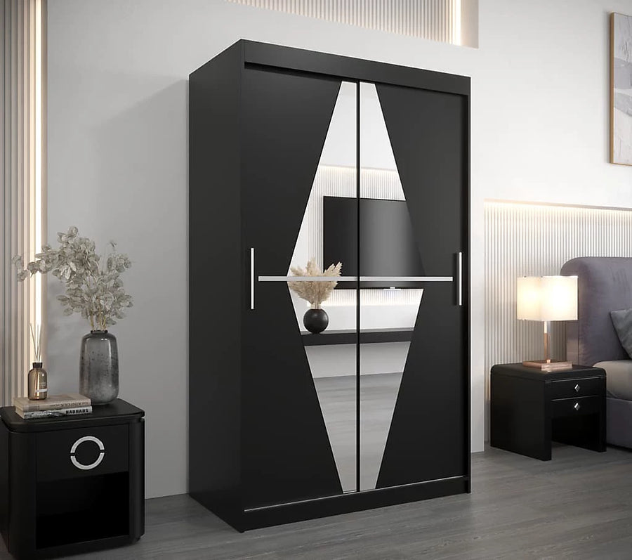 Boliwia Contemporary 2 Mirrored Sliding Door Wardrobe 5 Shelves 2 Rails Black