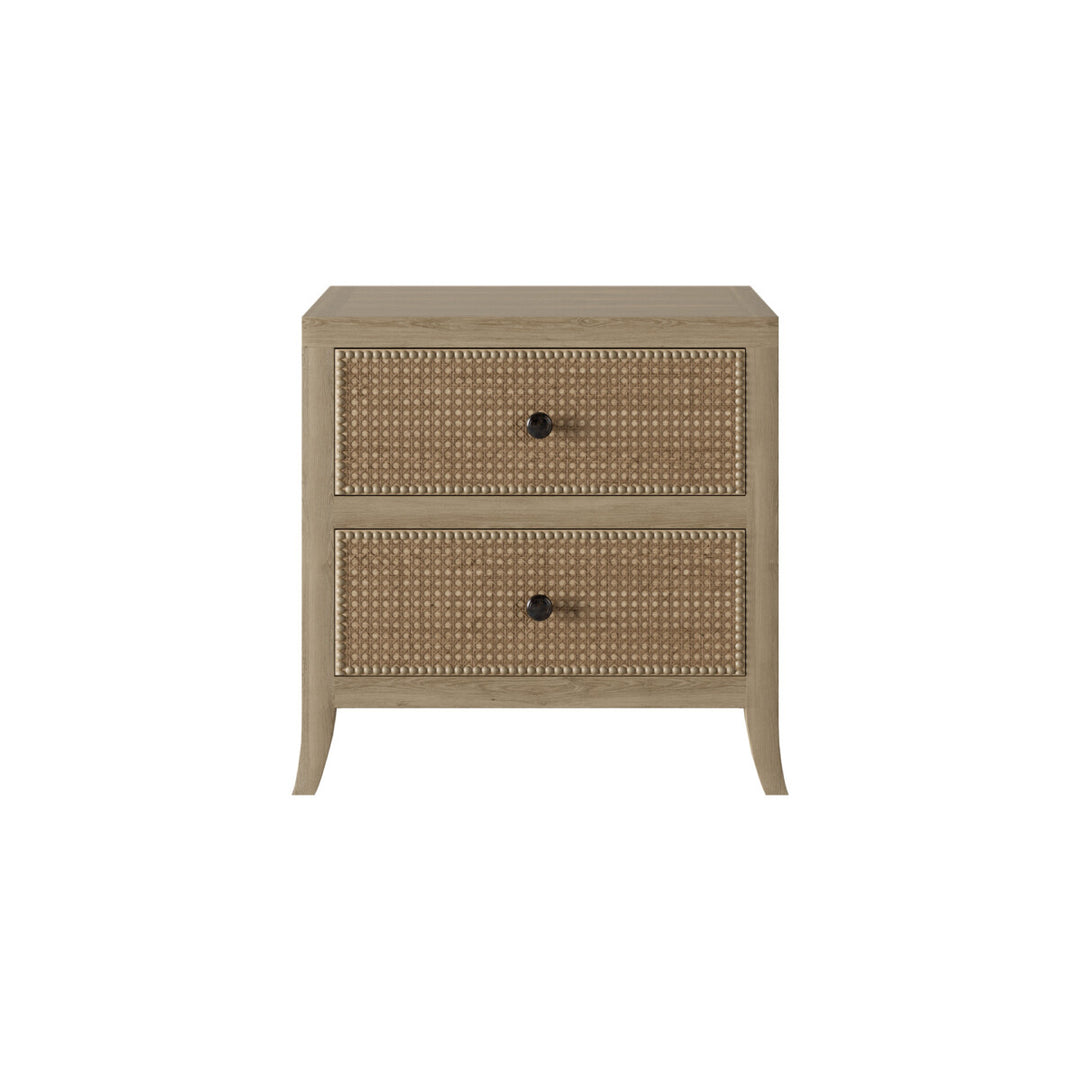 Beige nightstand with two drawers on a white background