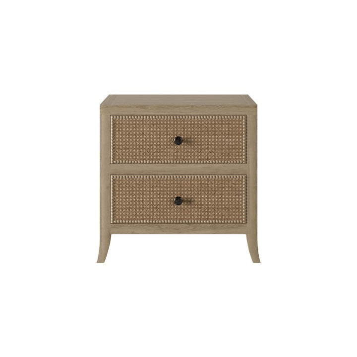 Beige nightstand with two drawers on a white background