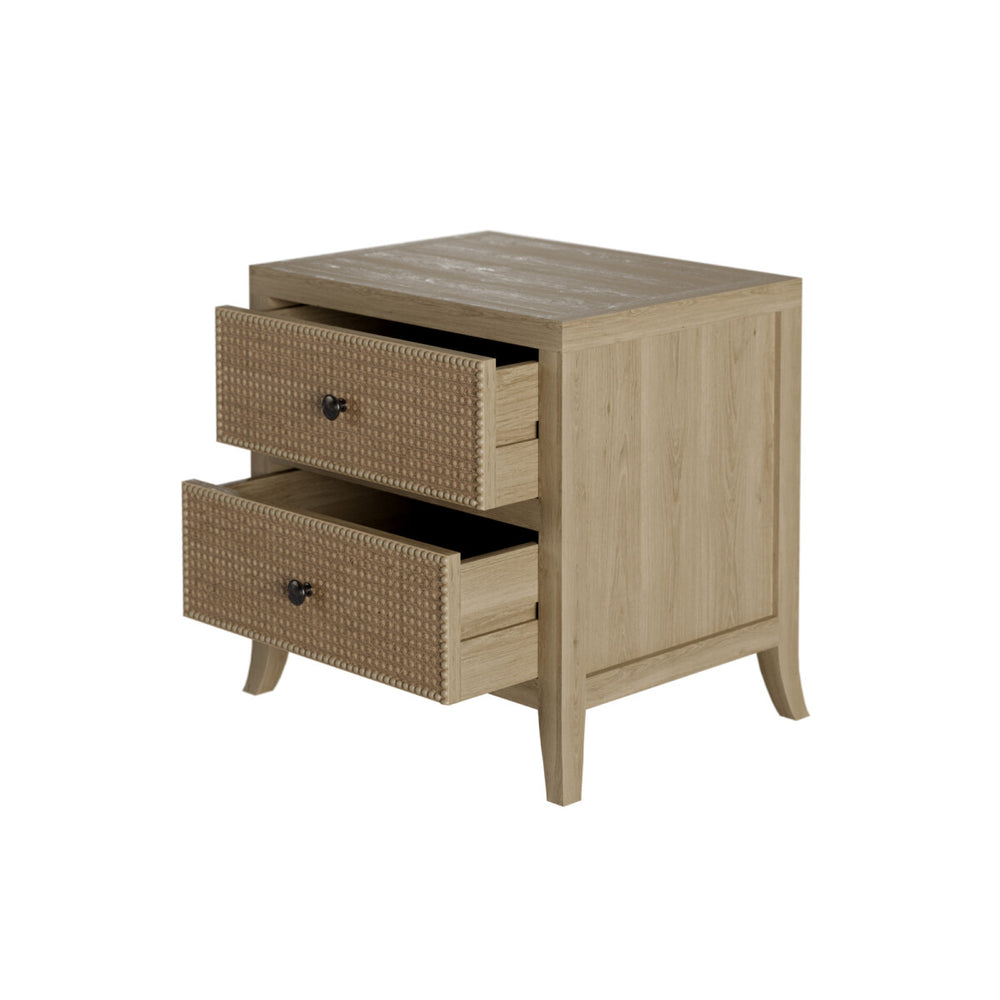 Wooden nightstand with two drawers on a white background