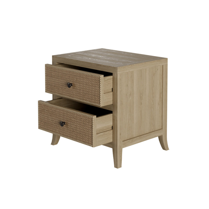 Wooden nightstand with two drawers on a white background