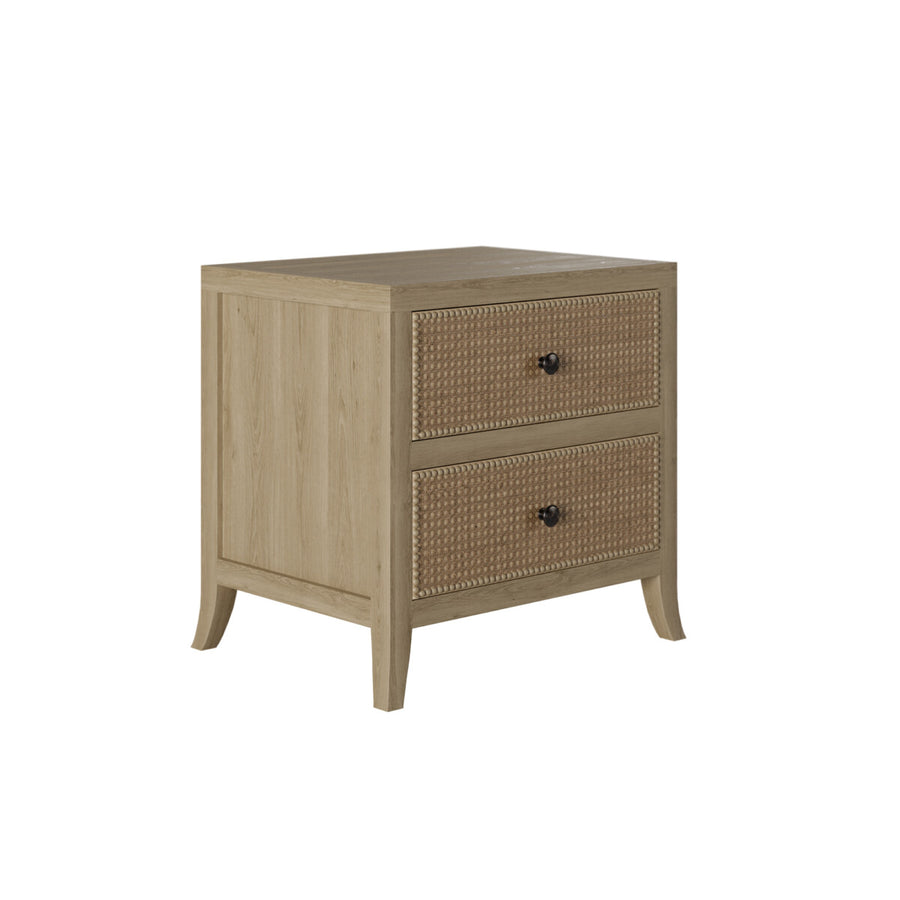 Beige nightstand with two drawers on a white background