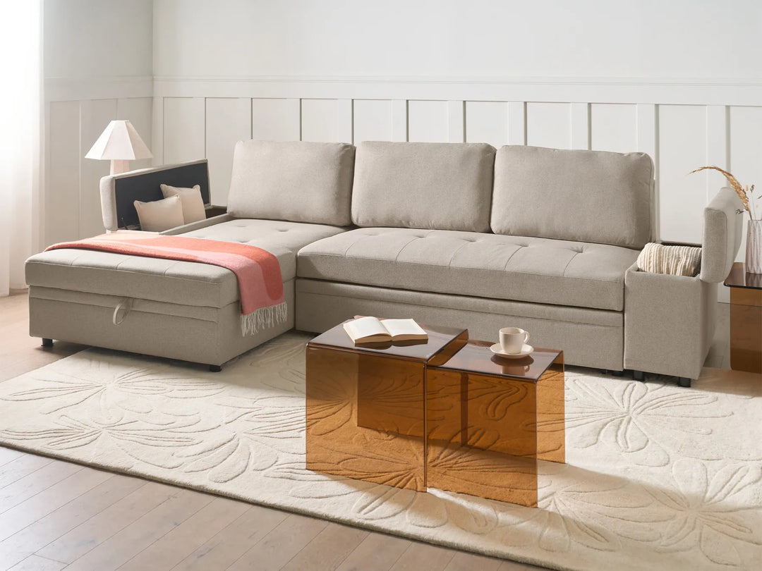 Corner Sofa Bed 3 Seater HRISEY Faux Linen Beige with Storage Right Hand