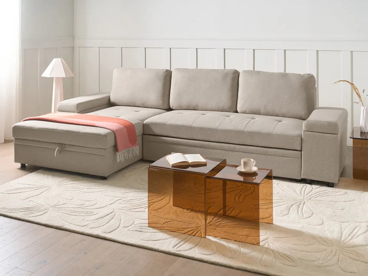 Corner Sofa Bed 3 Seater Faux Linen Beige Right Hand Standridge