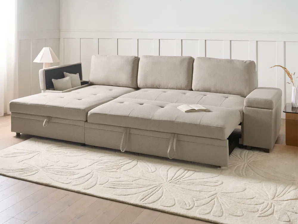 Corner Sofa Bed 3 Seater Faux Linen Beige Right Hand Standridge