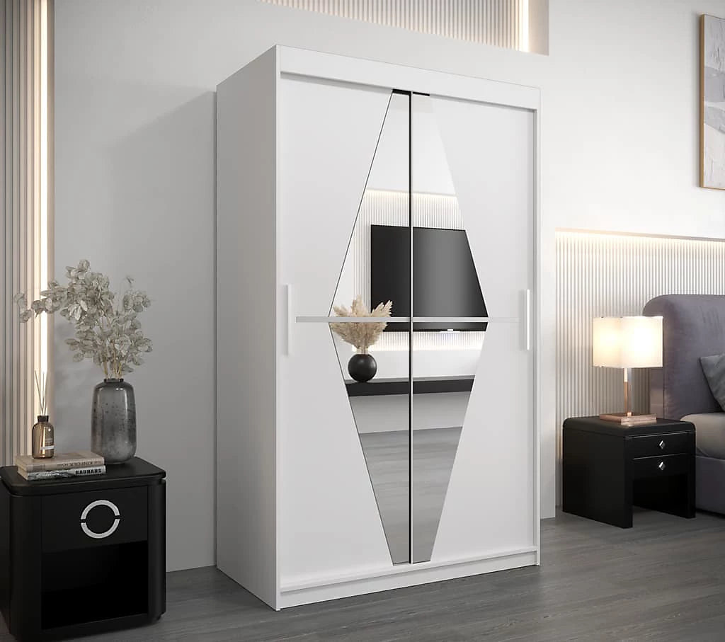 Boliwia Contemporary 2 Mirrored Sliding Door Wardrobe 5 Shelves 2 Rails White