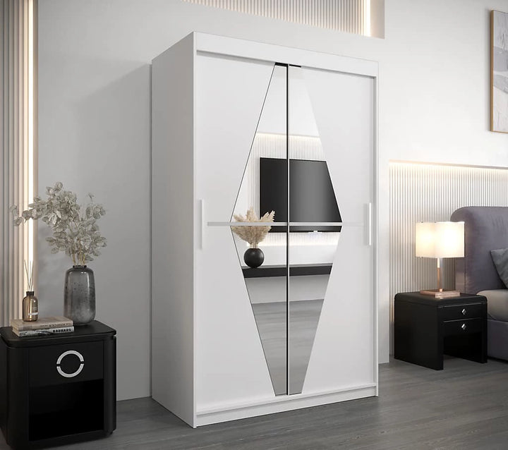 Boliwia Contemporary 2 Mirrored Sliding Door Wardrobe 5 Shelves 2 Rails White