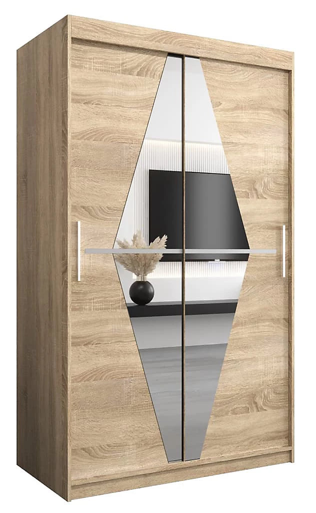 Boliwia Contemporary 2 Mirrored Sliding Door Wardrobe 5 Shelves 2 Rails Sonoma Oak Effect