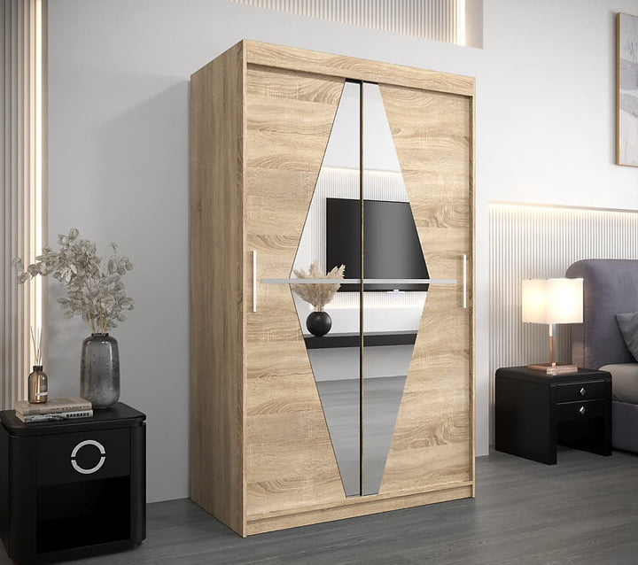 Boliwia Contemporary 2 Mirrored Sliding Door Wardrobe 5 Shelves 2 Rails Sonoma Oak Effect