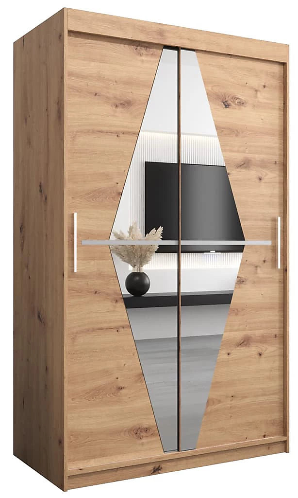 Boliwia Contemporary 2 Mirrored Sliding Door Wardrobe 5 Shelves 2 Rails Artisan Oak Effect