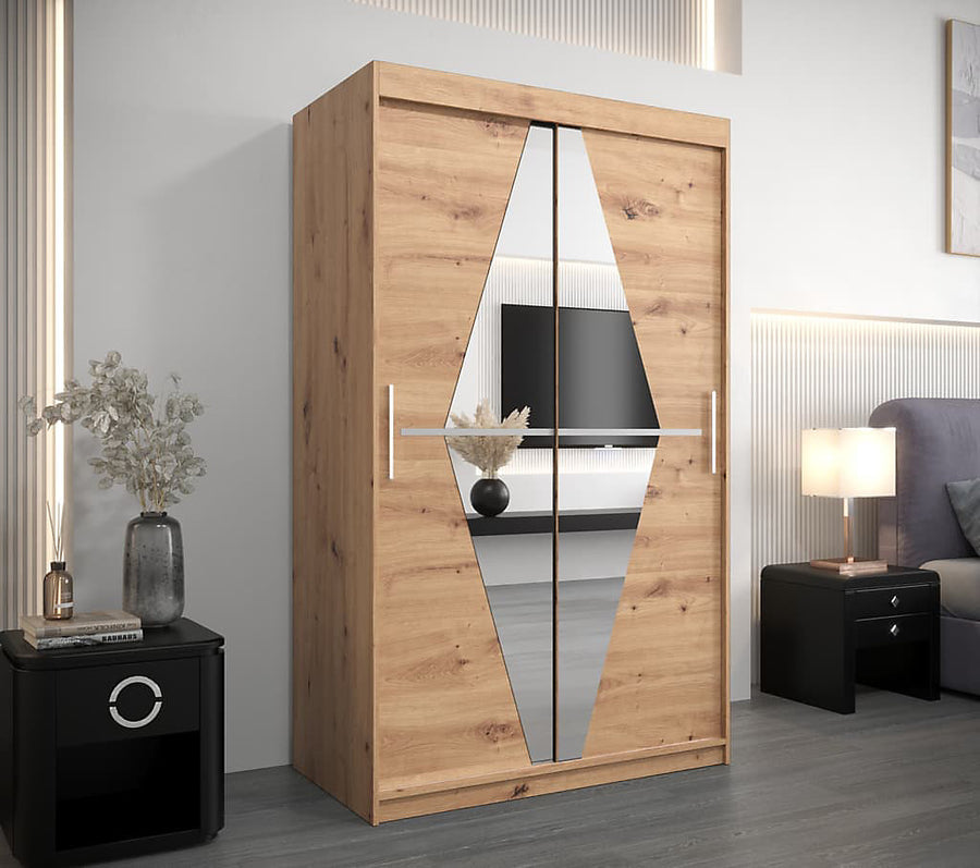 Boliwia Contemporary 2 Mirrored Sliding Door Wardrobe 5 Shelves 2 Rails Artisan Oak Effect
