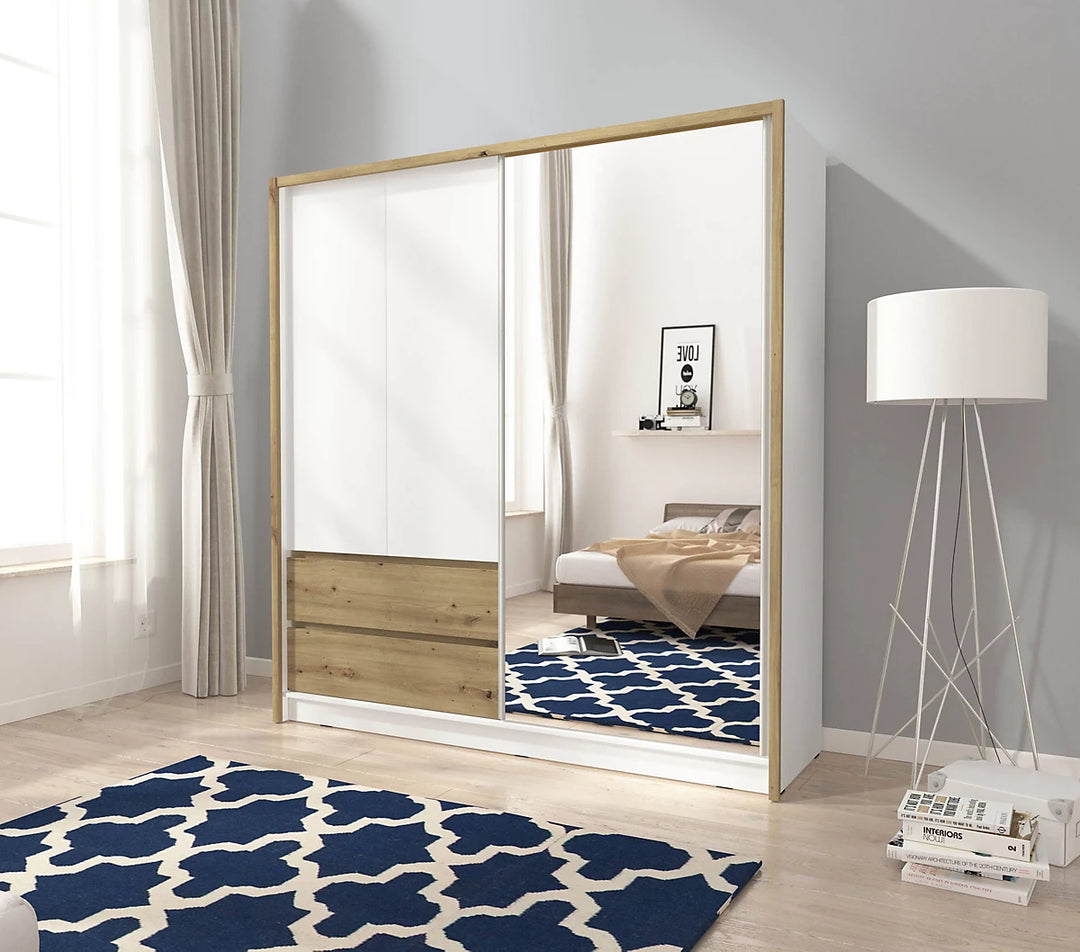 Sara Mirrored Wardrobe 214cm with Drawers in White and Oak Artisan