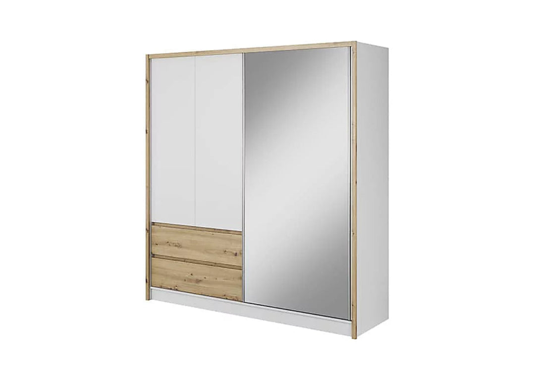 Sara Mirrored Wardrobe 214cm with Drawers in White and Oak Artisan