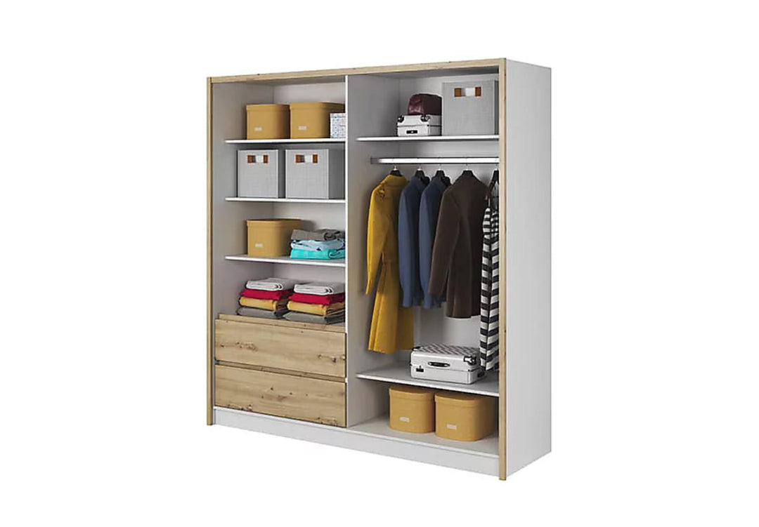 Sara Mirrored Wardrobe 214cm with Drawers in White and Oak Artisan