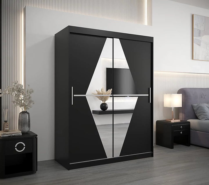Boliwia Contemporary 2 Mirrored Sliding Door Wardrobe 5 Shelves 2 Rails Black