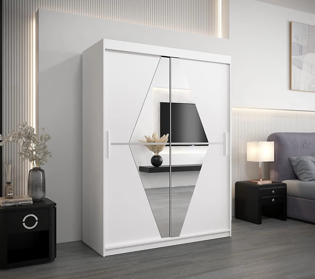 Boliwia Contemporary 2 Mirrored Sliding Door Wardrobe 5 Shelves 2 Rails White