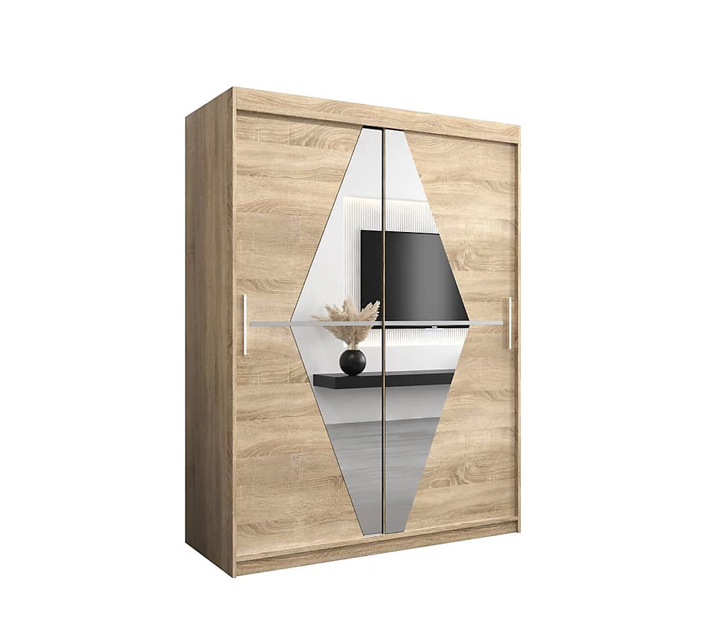Boliwia Contemporary 2 Mirrored Sliding Door Wardrobe 5 Shelves 2 Rails Sonoma Oak Effect