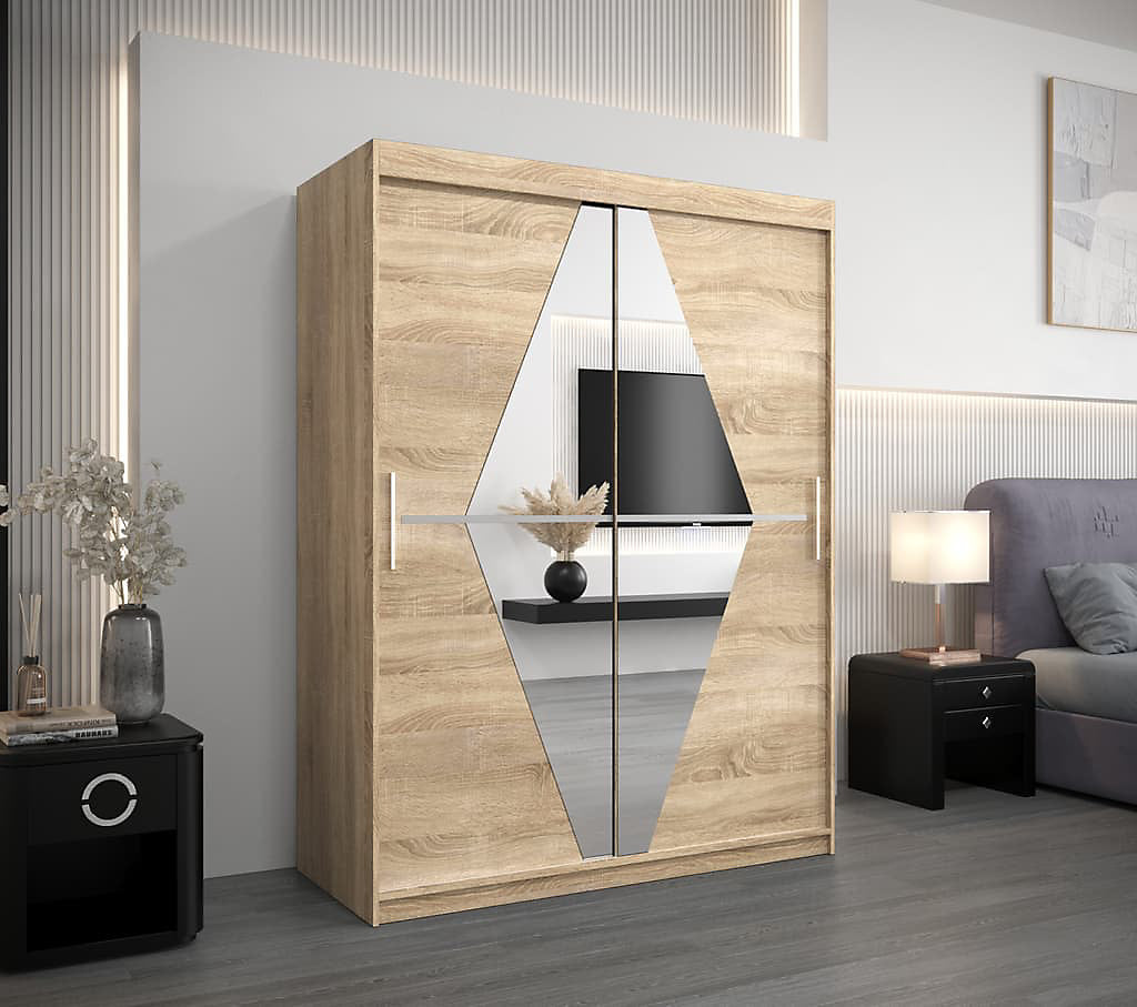 Boliwia Contemporary 2 Mirrored Sliding Door Wardrobe 5 Shelves 2 Rails Sonoma Oak Effect