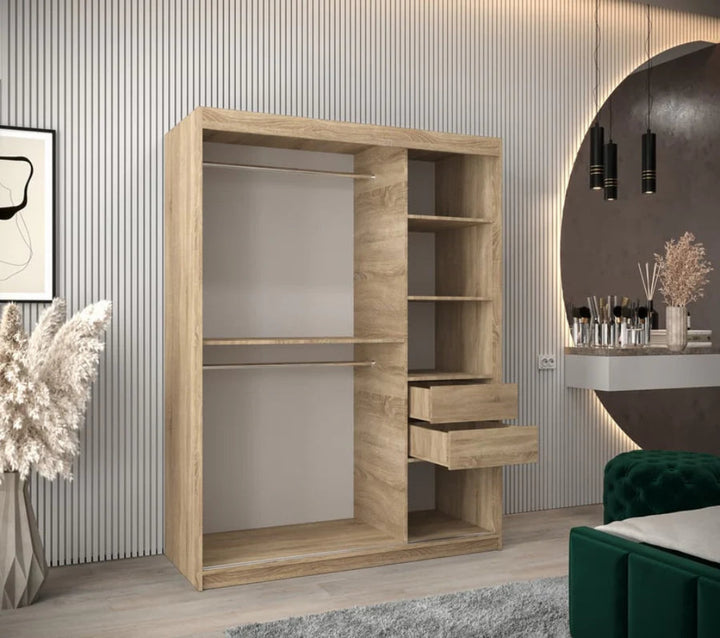 Boliwia Contemporary 2 Mirrored Sliding Door Wardrobe 5 Shelves 2 Rails Sonoma Oak Effect