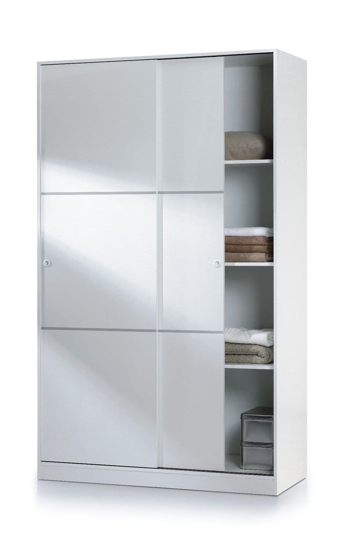 White wardrobe with mirrored doors and shelves on a white background
