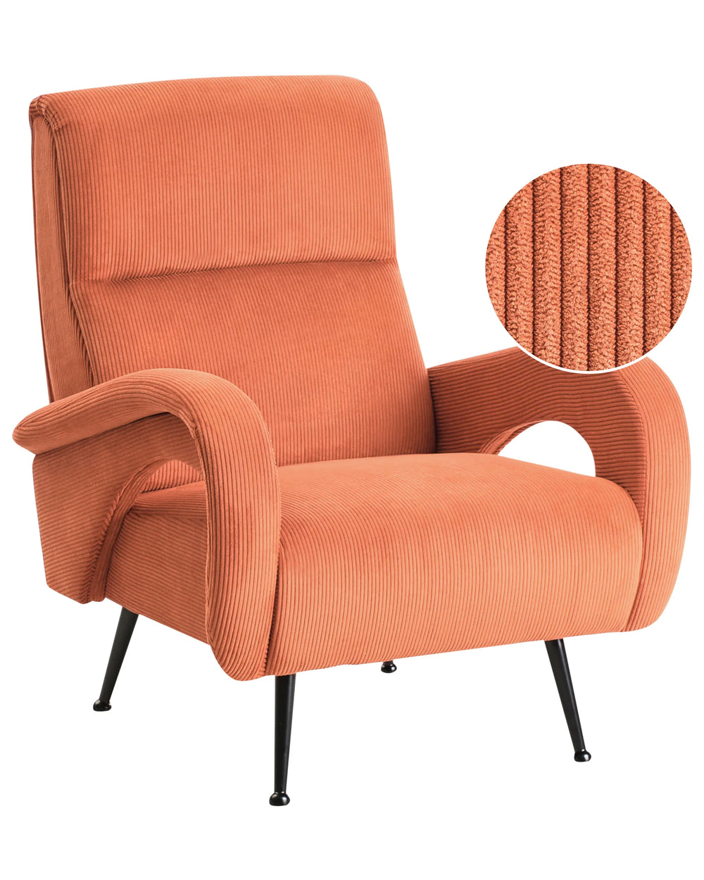 Orange armchair with close-up of fabric texture on a white background