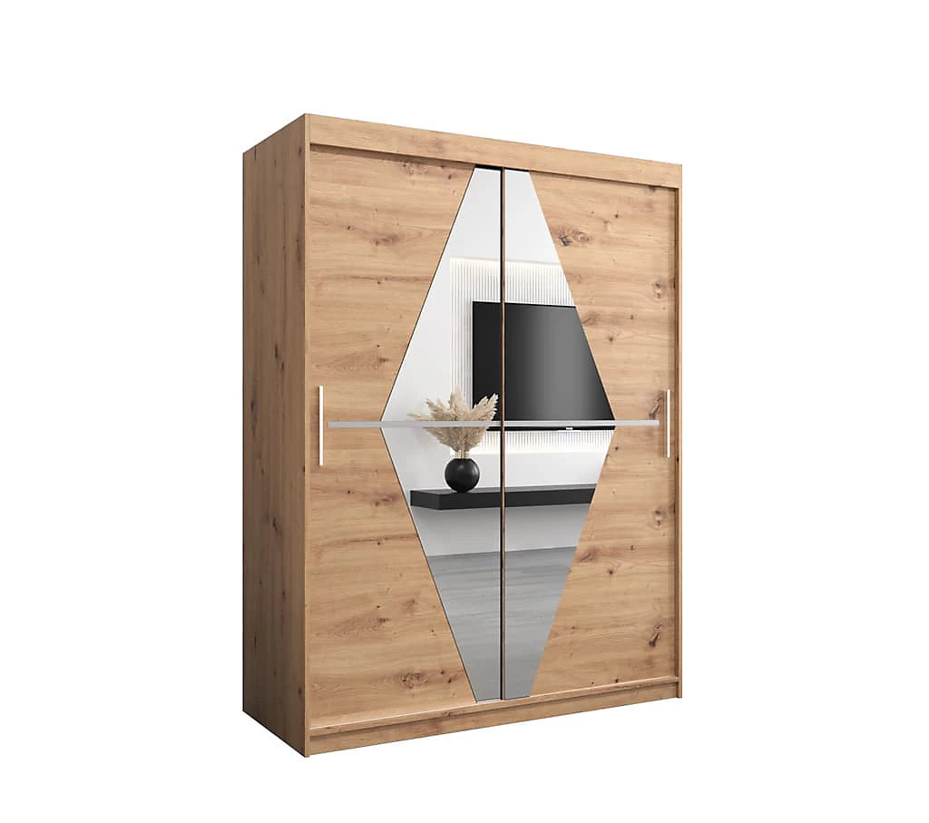 Boliwia Contemporary 2 Mirrored Sliding Door Wardrobe 5 Shelves 2 Rails Artisan Oak Effect