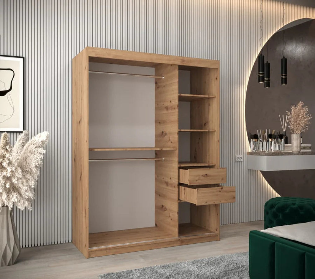 Boliwia Contemporary 2 Mirrored Sliding Door Wardrobe 5 Shelves 2 Rails Artisan Oak Effect