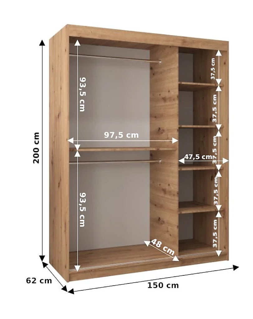 Boliwia Contemporary 2 Mirrored Sliding Door Wardrobe 5 Shelves 2 Rails Artisan Oak Effect