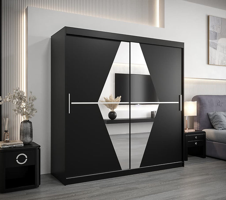Boliwia Contemporary 2 Mirrored Sliding Door Wardrobe 9 Shelves 2 Rails Black