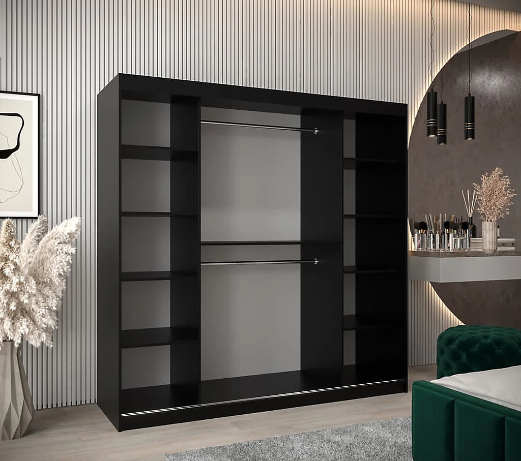 Boliwia Contemporary 2 Mirrored Sliding Door Wardrobe 9 Shelves 2 Rails Black