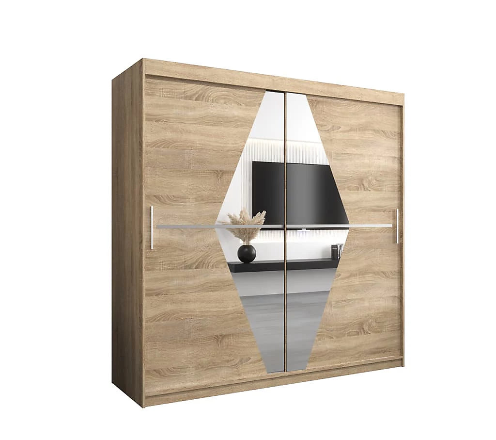 Boliwia Contemporary 2 Mirrored Sliding Door Wardrobe 9 Shelves 2 Rails Sonoma Oak Effect