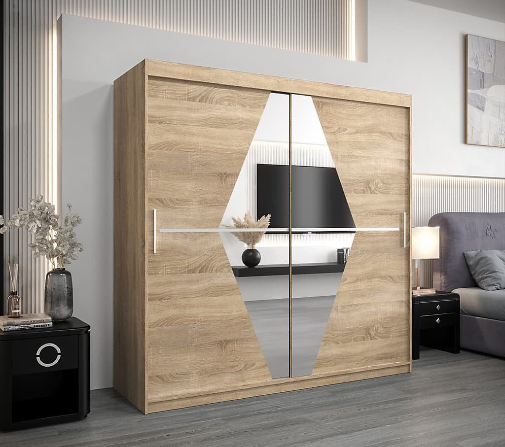 Boliwia Contemporary 2 Mirrored Sliding Door Wardrobe 9 Shelves 2 Rails Sonoma Oak Effect