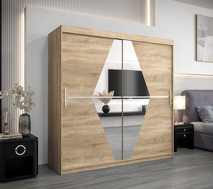 Boliwia Contemporary 2 Mirrored Sliding Door Wardrobe 9 Shelves 2 Rails Sonoma Oak Effect