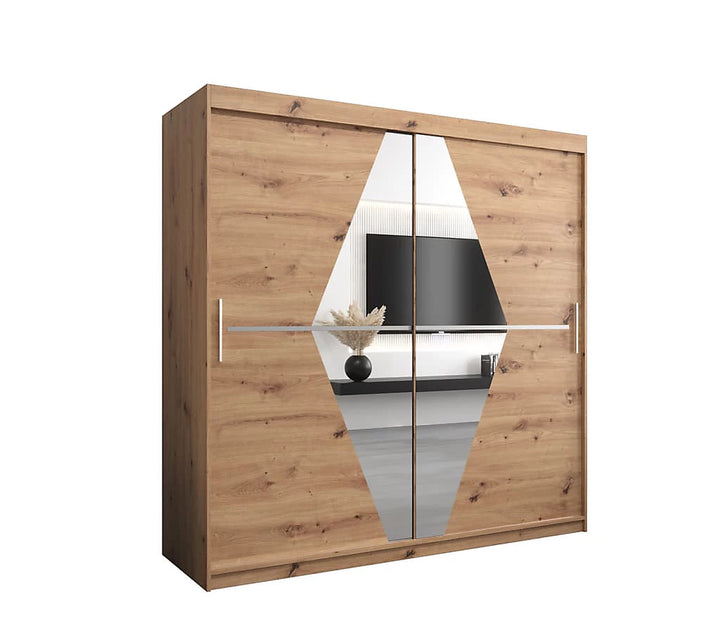 Boliwia Contemporary 2 Mirrored Sliding Door Wardrobe 9 Shelves 2 Rails Artisan Oak Effect