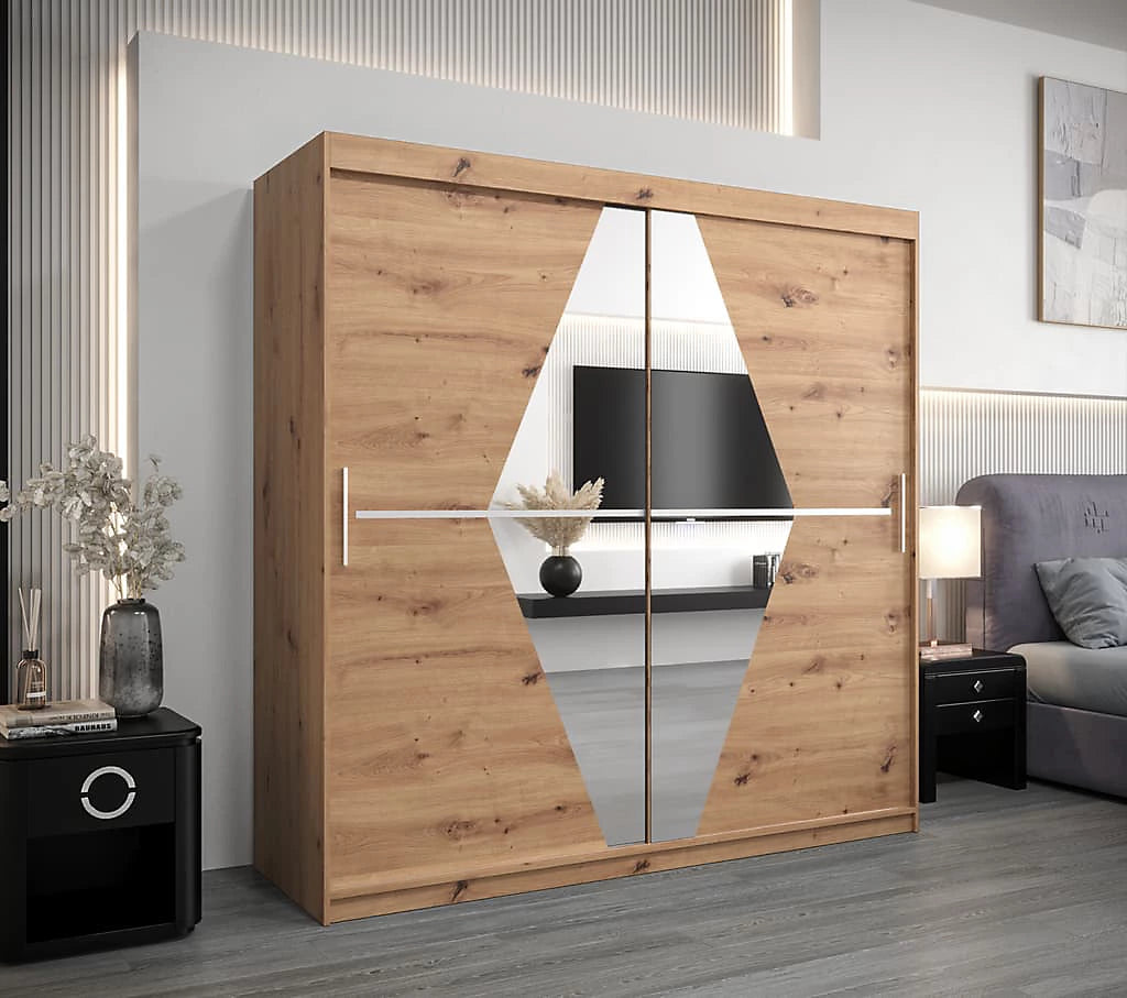 Boliwia Contemporary 2 Mirrored Sliding Door Wardrobe 9 Shelves 2 Rails Artisan Oak Effect