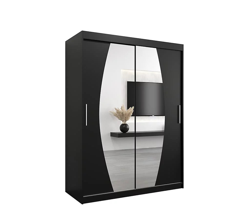 Elypse Contemporary 2 Mirrored Sliding Door Wardrobe 5 Shelves 2 Rails Black