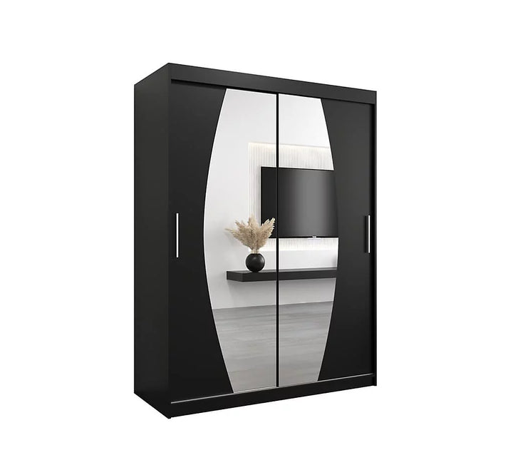 Elypse Contemporary 2 Mirrored Sliding Door Wardrobe 5 Shelves 2 Rails Black