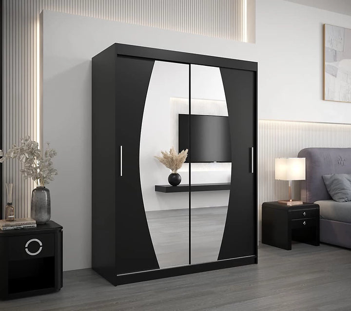 Elypse Contemporary 2 Mirrored Sliding Door Wardrobe 5 Shelves 2 Rails Black