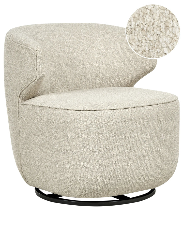Beige swivel chair with close-up of fabric texture on a white background