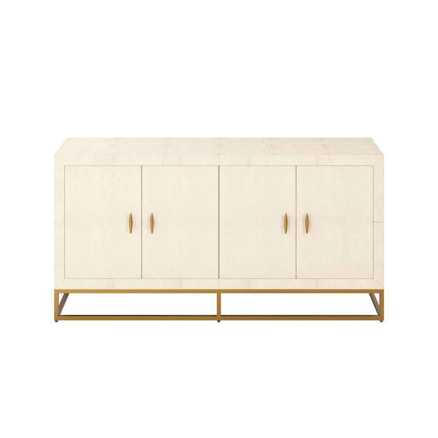 White cabinet with gold legs and handles on a white background