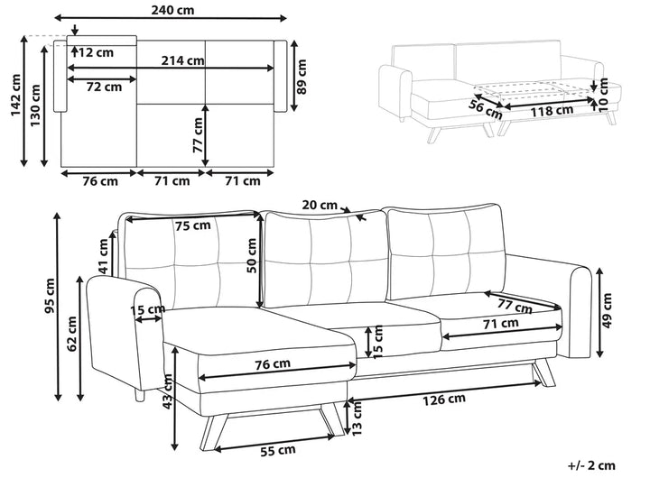 Sofa Bed 3 Seater Boucle Off-White with Storage Right Hand Arwilla
